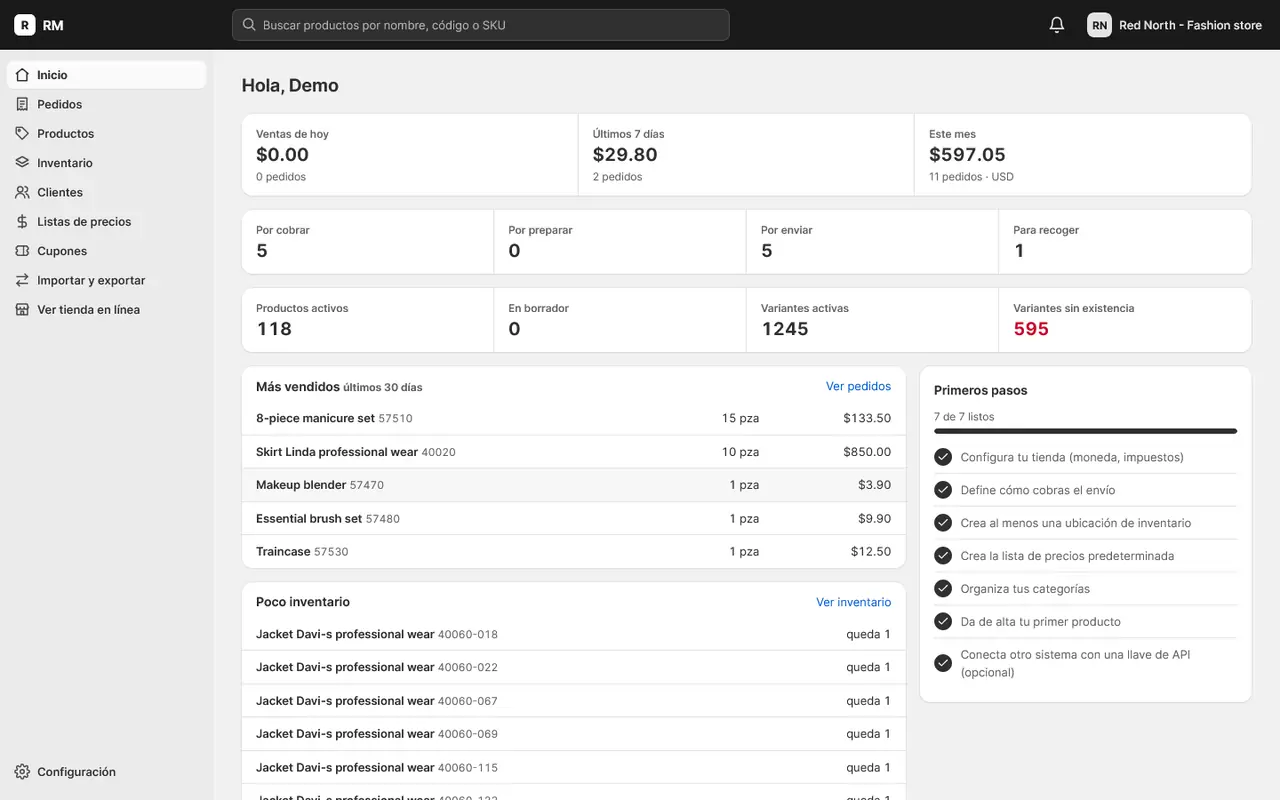 Inicio del back office con ventas y pedidos