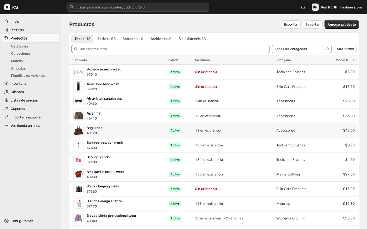 Lista de productos con imagen, estado, inventario y precio.